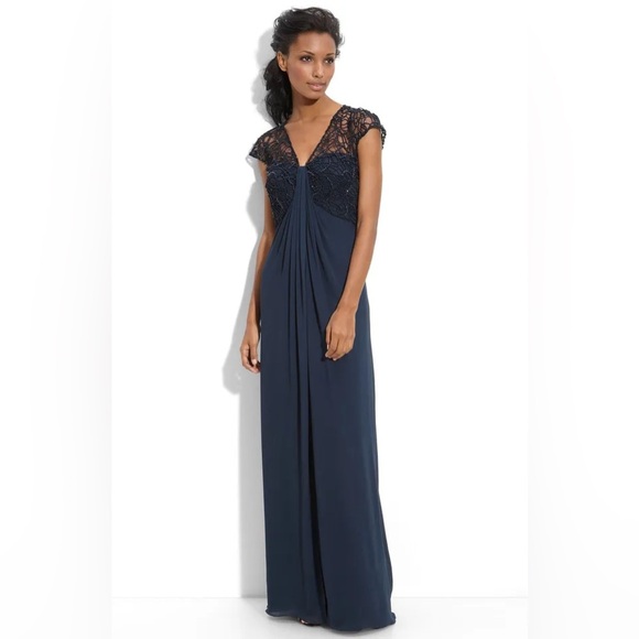 Tadashi Shoji Navy Illusion Bodice Draped Jersey Gown - Size 6